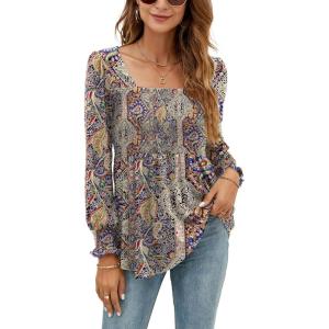 LOMON Blouses for Women Puff Long Sleeve Shirts Square Neck Casual Smocked Tunic Tops 2024 Spring Fall Winter Clothes S-XL(Multicolor Floral)