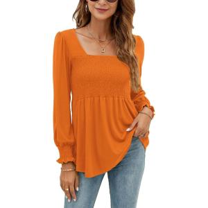 LOMON Blouses for Women Puff Long Sleeve Shirts Square Neck Casual Smocked Tunic Tops 2024 Spring Fall Winter Clothes S-XL(Orange)