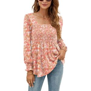 LOMON Blouses for Women Puff Long Sleeve Shirts Square Neck Casual Smocked Tunic Tops 2024 Spring Fall Winter Clothes S-XL(Pink Floral 2)