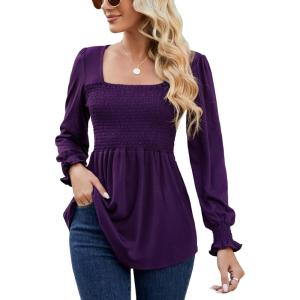LOMON Blouses for Women Puff Long Sleeve Shirts Square Neck Casual Smocked Tunic Tops 2024 Spring Fall Winter Clothes S-XL(Purple Long Sleeve Shirts)