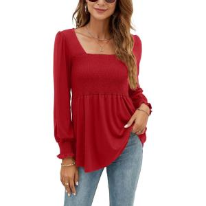 LOMON Blouses for Women Puff Long Sleeve Shirts Square Neck Casual Smocked Tunic Tops 2024 Spring Fall Winter Clothes S-XL(Red)