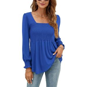 LOMON Blouses for Women Puff Long Sleeve Shirts Square Neck Casual Smocked Tunic Tops 2024 Spring Fall Winter Clothes S-XL(Royal Blue)