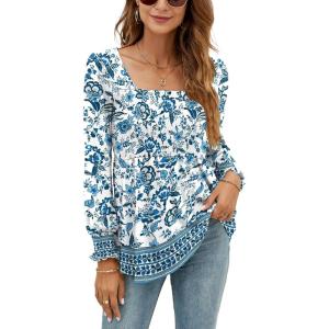 LOMON Blouses for Women Puff Long Sleeve Shirts Square Neck Casual Smocked Tunic Tops 2024 Spring Fall Winter Clothes S-XL(White Blue Floral)