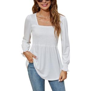 LOMON Blouses for Women Puff Long Sleeve Shirts Square Neck Casual Smocked Tunic Tops 2024 Spring Fall Winter Clothes S-XL(White Long Sleeve Shirts)