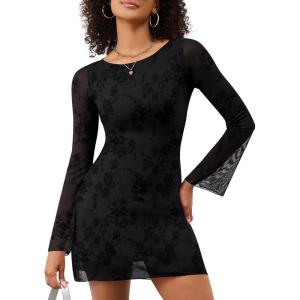 LOMON Womens Dresses Sexy Mesh Bell Sleeve Boat Neck Date Night Y2k Going Out Bodycon Mini Short Dress XS-XL(Black Rose)