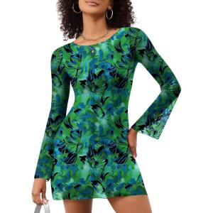 LOMON Womens Dresses Sexy Mesh Bell Sleeve Boat Neck Date Night Y2k Going Out Bodycon Mini Short Dress XS-XL(Green Floral)