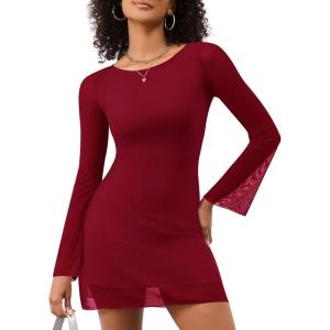 LOMON Womens Dresses Sexy Mesh Bell Sleeve Boat Neck Date Night Y2k Going Out Bodycon Mini Short Dress XS-XL(Wine Red)