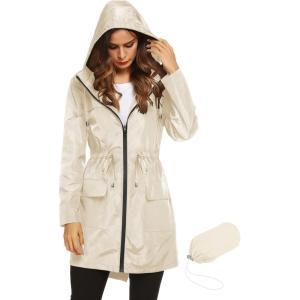 Lomon Women Waterproof Lightweight Rain Jacket Active Outdoor Hooded Raincoat(Beige(waist Drawstring))