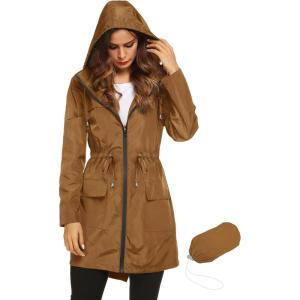 Lomon Women Waterproof Lightweight Rain Jacket Active Outdoor Hooded Raincoat(Brown(waist Drawstring))