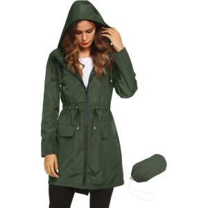 Lomon Women Waterproof Lightweight Rain Jacket Active Outdoor Hooded Raincoat(Deep Green(waist Drawstring))