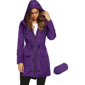 Lomon Women Waterproof Lightweight Rain Jacket Active Outdoor Hooded Raincoat(Purple(waist Drawstring))