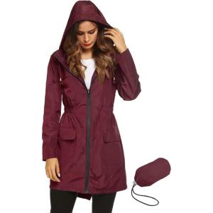 Lomon Women Waterproof Lightweight Rain Jacket Active Outdoor Hooded Raincoat(Wine Red)