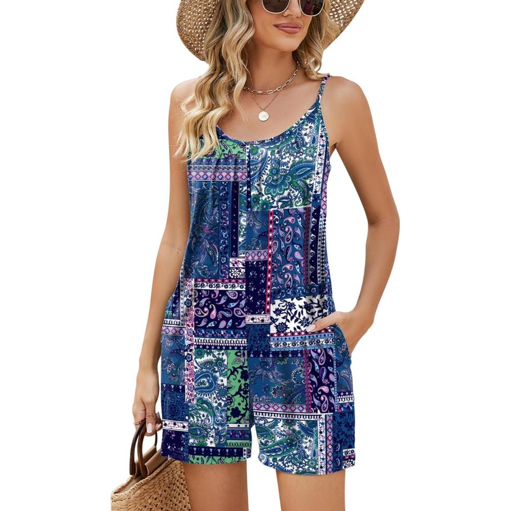 image:imageLOMON Womens Casual Summer Sleeveless Romper Loose Adjustable Spaghetti Strap Stretchy Shorts Jumpsuits with PocketsBlue Square