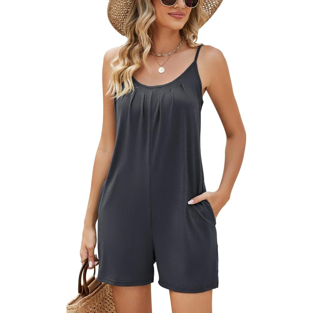 image:imageLOMON Womens Casual Summer Sleeveless Romper Loose Adjustable Spaghetti Strap Stretchy Shorts Jumpsuits with PocketsDark Grey