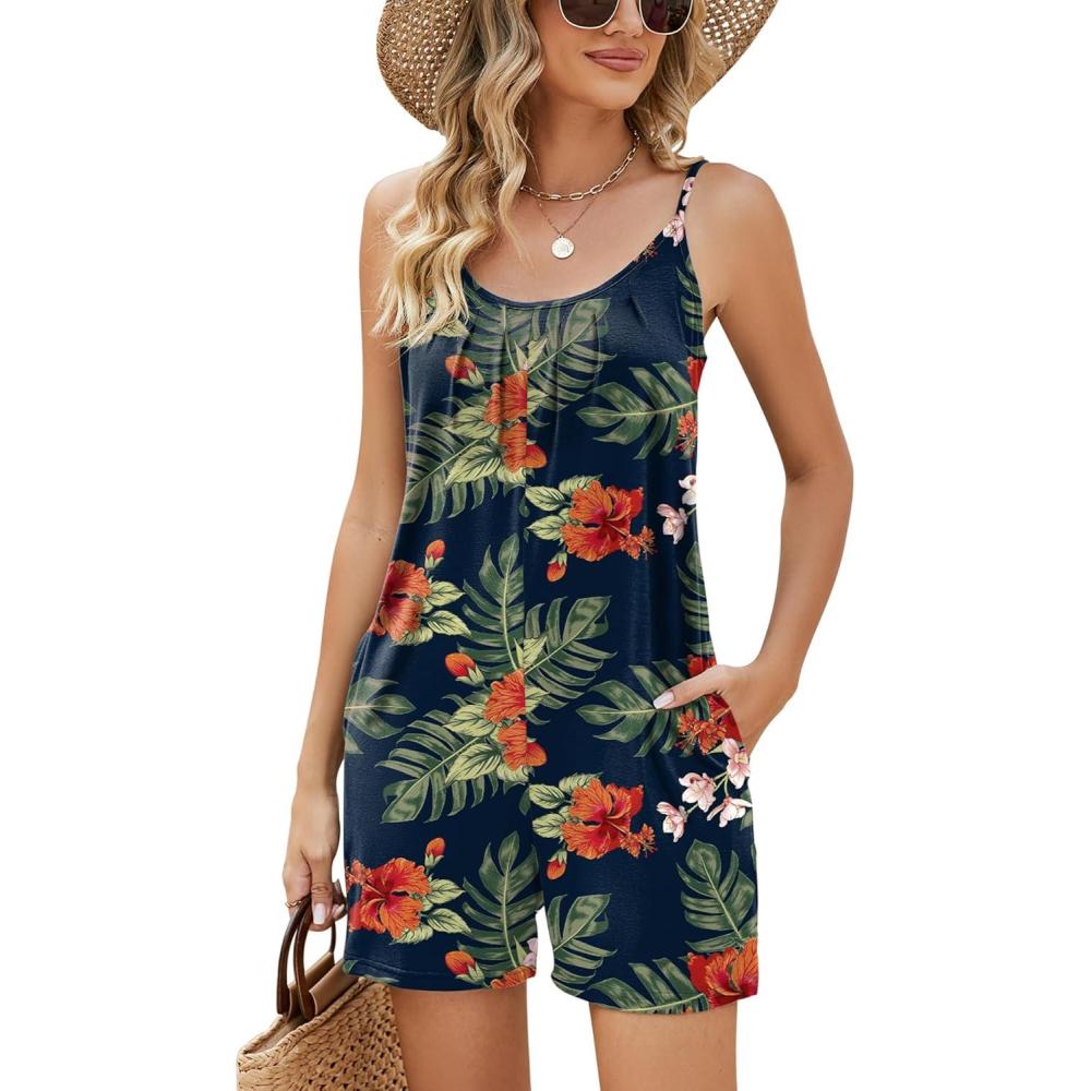 image:imageLOMON Womens Casual Summer Sleeveless Romper Loose Adjustable Spaghetti Strap Stretchy Shorts Jumpsuits with PocketsNavy Blue Floral