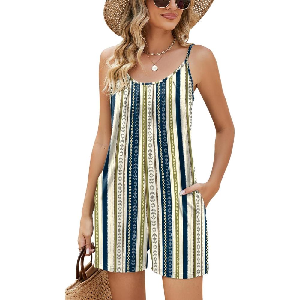 image:imageLOMON Womens Casual Summer Sleeveless Romper Loose Adjustable Spaghetti Strap Stretchy Shorts Jumpsuits with PocketsWhite Blue Stripe