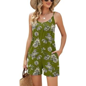 LOMON Womens Casual Summer Sleeveless Romper Loose Adjustable Spaghetti Strap Stretchy Shorts Jumpsuits with Pockets(Armygreen Floral)