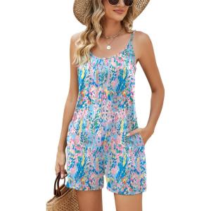 LOMON Womens Casual Summer Sleeveless Romper Loose Adjustable Spaghetti Strap Stretchy Shorts Jumpsuits with Pockets(Blue Floral)