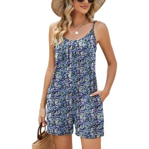 LOMON Womens Casual Summer Sleeveless Romper Loose Adjustable Spaghetti Strap Stretchy Shorts Jumpsuits with Pockets(Blue Small Floral)