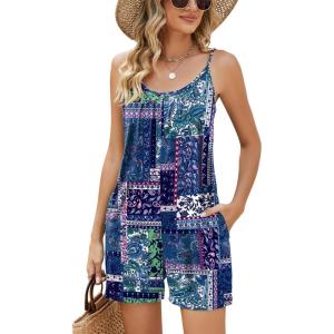 LOMON Womens Casual Summer Sleeveless Romper Loose Adjustable Spaghetti Strap Stretchy Shorts Jumpsuits with Pockets(Blue Square)