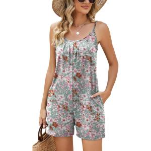 LOMON Womens Casual Summer Sleeveless Romper Loose Adjustable Spaghetti Strap Stretchy Shorts Jumpsuits with Pockets(Floral Green Pink)