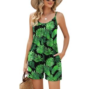 LOMON Womens Casual Summer Sleeveless Romper Loose Adjustable Spaghetti Strap Stretchy Shorts Jumpsuits with Pockets(Green Leaves)