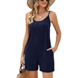 LOMON Womens Casual Summer Sleeveless Romper Loose Adjustable Spaghetti Strap Stretchy Shorts Jumpsuits with Pockets(Navy Blue)
