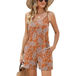 LOMON Womens Casual Summer Sleeveless Romper Loose Adjustable Spaghetti Strap Stretchy Shorts Jumpsuits with Pockets(Orange Floral)