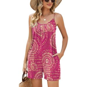 LOMON Womens Casual Summer Sleeveless Romper Loose Adjustable Spaghetti Strap Stretchy Shorts Jumpsuits with Pockets(Pink Floral)