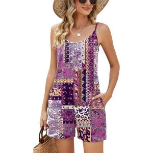 LOMON Womens Casual Summer Sleeveless Romper Loose Adjustable Spaghetti Strap Stretchy Shorts Jumpsuits with Pockets(Purple Square)