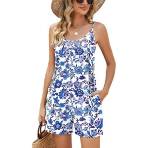 LOMON Womens Casual Summer Sleeveless Romper Loose Adjustable Spaghetti Strap Stretchy Shorts Jumpsuits with Pockets(White Blue Floral)
