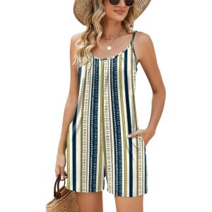 LOMON Womens Casual Summer Sleeveless Romper Loose Adjustable Spaghetti Strap Stretchy Shorts Jumpsuits with Pockets(White Blue Stripe)