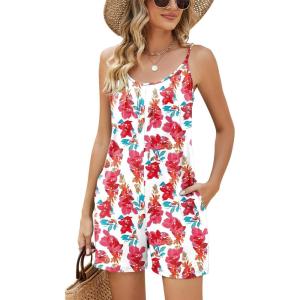 LOMON Womens Casual Summer Sleeveless Romper Loose Adjustable Spaghetti Strap Stretchy Shorts Jumpsuits with Pockets(White Floral)
